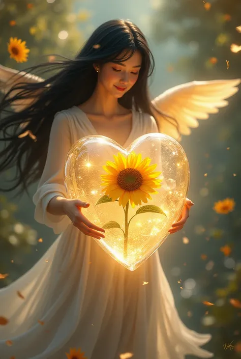 A crystal heart that has inside it , a single small sunflower and an angel with straight and long black hair that is flying around 