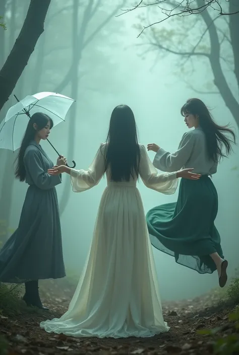  Three girls — Korean woman ,  Japanese and Chinese woman — in a photo shoot in the misty forest.

Su-A :  in a white dress in the center ,  reaches out to the fog .
Hanna:  sits with a transparent umbrella ,  in a gray jacket ,  her look mysterious .
 Mil...