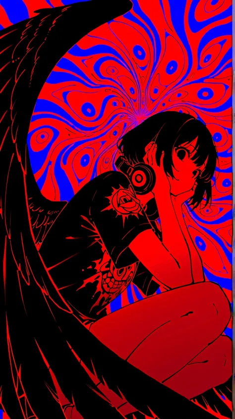 (masterpiece, best quality:1.2), 1 girl, unique, f3nn3r, colourful, pink, blue, black, red, trippy, giant feathered wings, psychotic, psychedelic, losing my mind, street wear, ripped print shirt, headphones around neck, no face, (from below: 1.3), (from si...