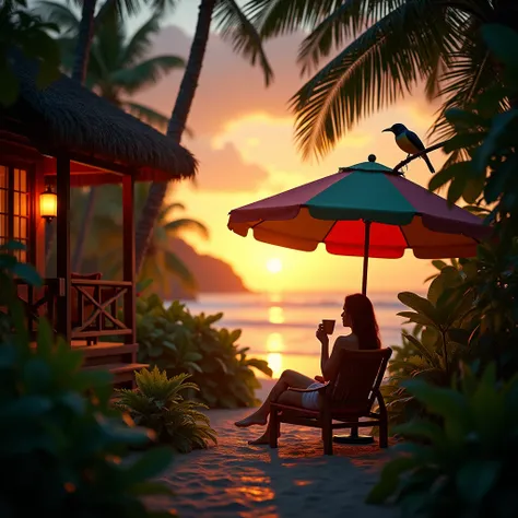 A highly realistic UHD sunset scene in a lush jungle, featuring a woman seated under a colorful beach umbrella, sipping coffee. The environment includes dense green foliage, tropical plants, and realistic birds perched on branches singing. The lighting is ...