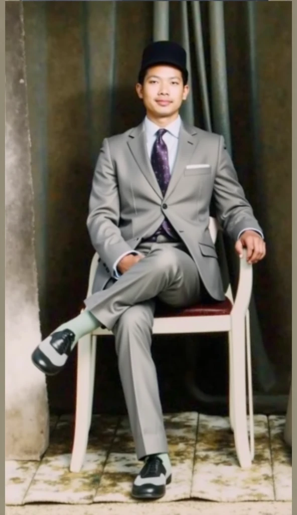 The image shows a person sitting on a white chair with their legs crossed. They are wearing a dark gray suit, a purple tie, and a black hat. The background is clear, with some light and dark stripes.