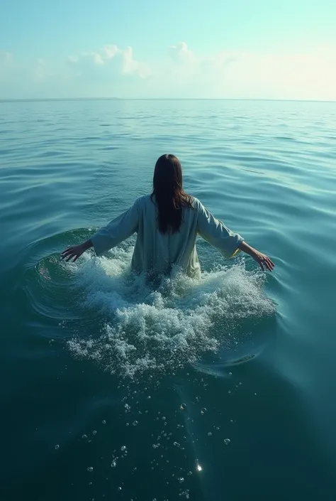 Woman swimmnig into sea, coat, wet