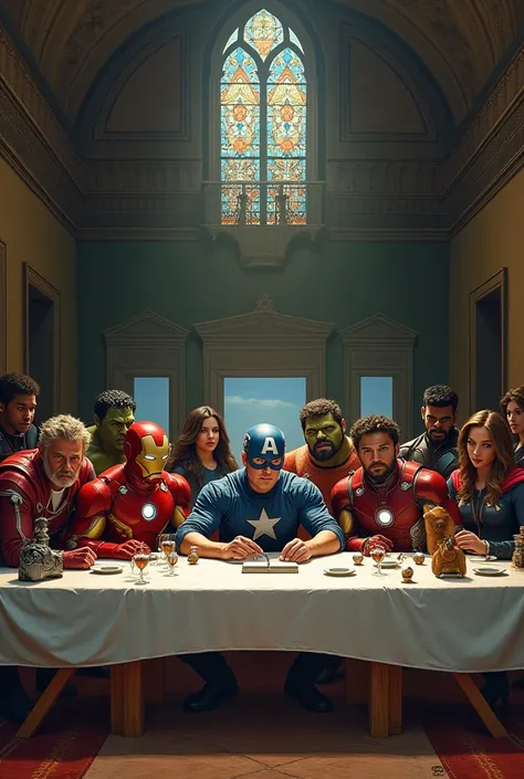 Create the Lords Supper with all the Marvel characters 