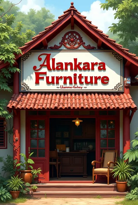 Create name board for my furniture shop them colour is red and white i have teak furniture 

Alankara furniture  ambathenna 