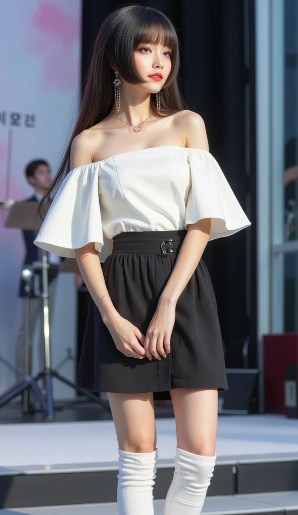 16K quality， ultra-realistic style ，Photograph a woman standing in a frontal position，over the knee white long socks， Full Body Photo ， a woman in a stylish off-the-shoulder white dress， Short black skirt ， Black Heels ，Himekiri hairstyle ，A woman wearing ...