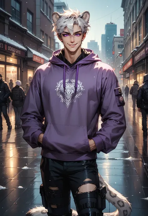 1man, short messy white hair, hair between eyes, purple eyes, lithe body, white leopard ears, white leopard tail, big purple hoodie, plain hoodie, black ripped pants, black combat boots, hands in pockets, half smile, tall city buildings, walking down stree...