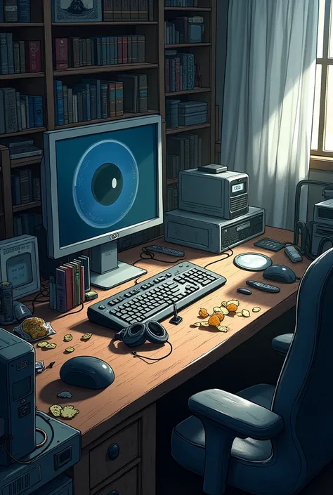 "A messy room with gaming equipment scattered around, headphones lying on the table, and an open packet of chips. The books in the background appear slightly ominous."
