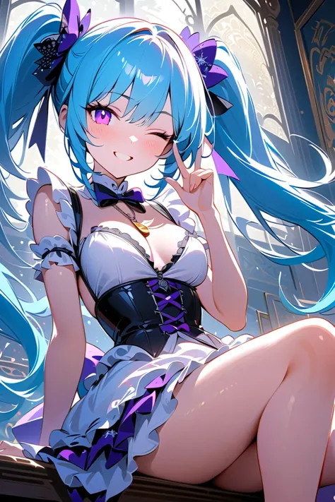  1 beautiful girl,masterpiece,best quality,ultra detailed,Purple eyes, light blue, hair color, Purple and White Dress ,Close one eye、 thighs、valley、 Lolita style maid , miniskirt, is sitting、 center from whistle to tip of hair２Blue hair in the book 、 snowf...