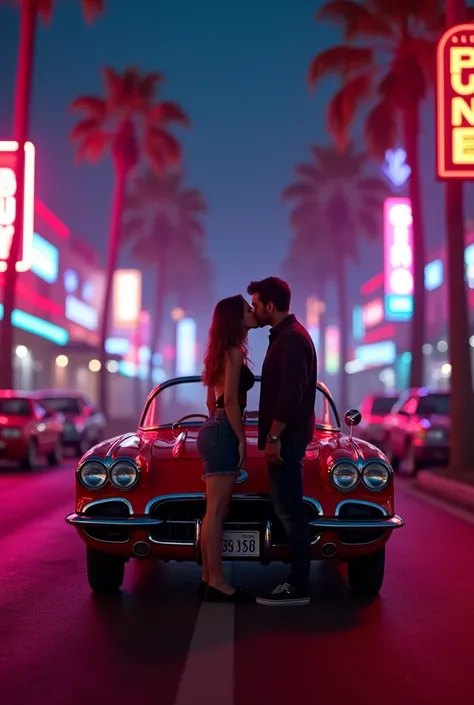 Crea una imagen que represente una escena vibrante con estética de los 80s,  that in the center has a couple kissing passionately in front of a classic 1958 Chevrolet Corvette in color red.  That in the background stands out a night landscape illuminated b...