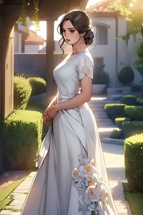 elegant woman wearing a flowing, intricately designed dress, standing gracefully in a serene garden at sunset. Her dress features subtle floral embroidery and soft pastel colors, accentuating her sophisticated and mature aura. The woman has long, flowing h...