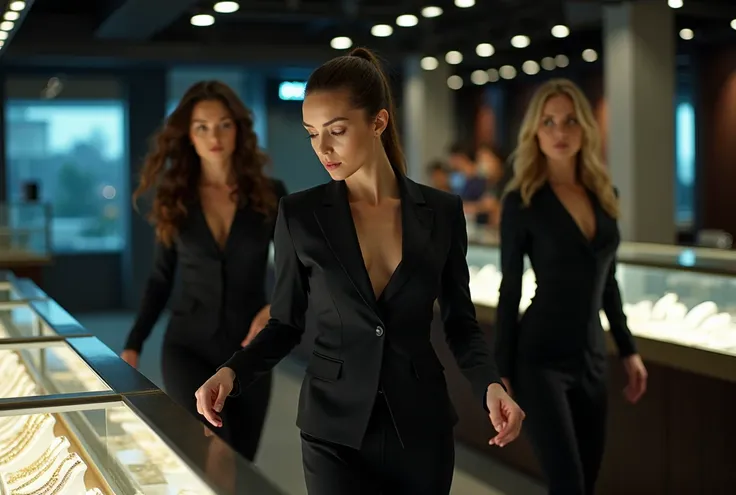 "Three women in tight-fitting black bodysuits move with precision through a high-end jewelry store at night. Their faces are determined, illuminated by the flashing lights from security cameras. One is expertly disarming the alarm system, while another col...