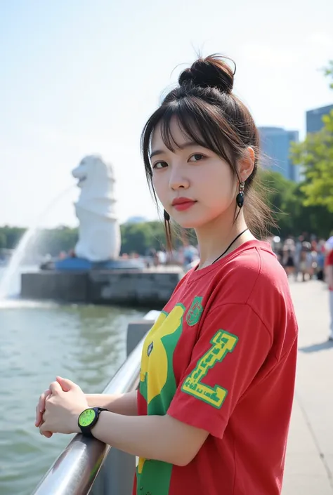 cute Korean girl, a little fat, wearing black earrings and a black necklace 
and a bright green watch.measy bun Wearing a red, yellow and green patterned medium sleeves t-shirt,standing enjoy on merlion singapura, You can see the merlion statue spouting wa...