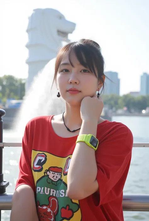 cute Korean girl, a little fat, wearing black earrings and a black necklace 
and a bright green watch.measy bun Wearing a red, yellow and green patterned medium sleeves t-shirt,standing enjoy on merlion singapura, You can see the merlion statue spouting wa...