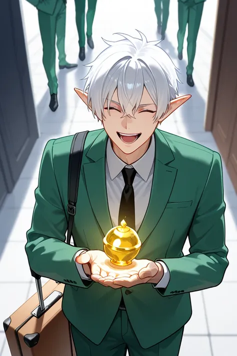 A vicious laughing elf with white hair,boy in a green suit,with a suitcase in hand 