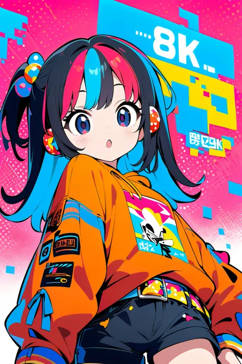 1girl,solo,anime style,looking away,vibrant colors,Black eyes,random color hair,stylish outfit,oversized sweatshirt,bold graphic text,shorts,playful expression,ear accessories,colorful belt,flat design,red polka dot background,high contrast,minimal shading...