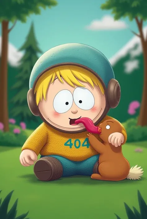  Butters from South Park sitting in a park with helmet on his head and sticks Heruas tongue , His sweater says 404 