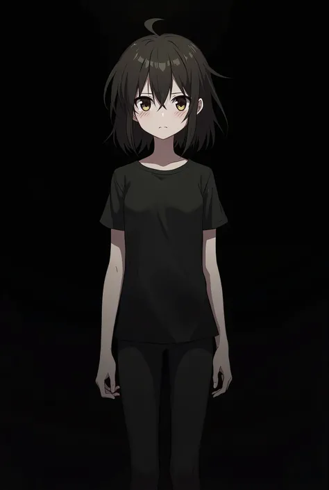 chica:  anime-style 90x with short dark brown wool hair  ,  long bangs  , pale skin, bruises under the eyes boots  . average height(158 cm ).  Close up on a black aesthetic background with a cold look .  around pants and t-shirts with 2 and 1 boobs. 0 cent...