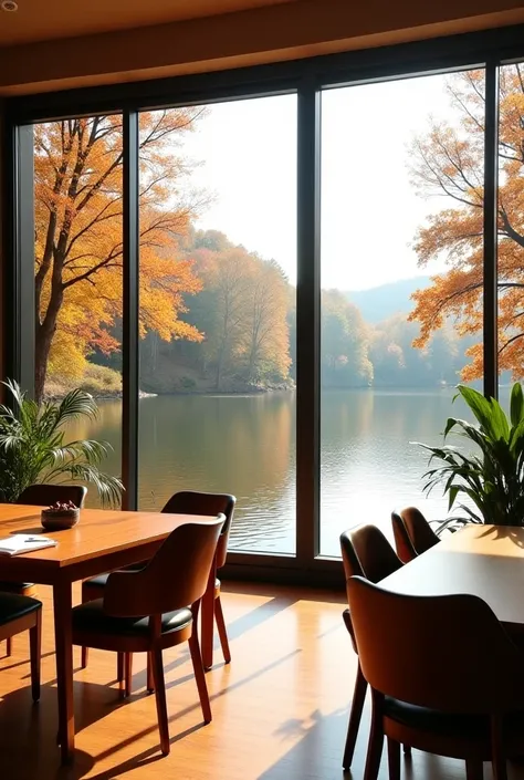 A large study room with wooden desks and comfortable chairs, positioned near floor-to-ceiling windows overlooking a peaceful lake. The autumn trees outside are reflected in the calm water, and the soft light from the windows fills the room with warmth. A f...