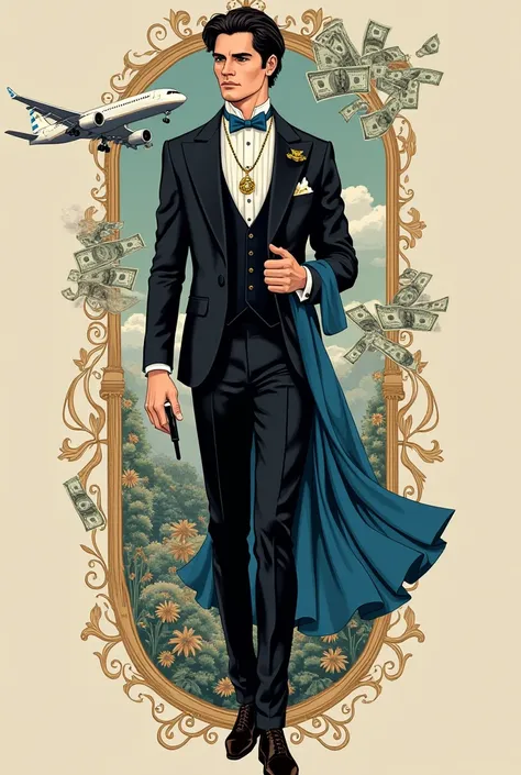  Generate me a bookmark that has details like an airplane, money, a hook , jewelry, a pocket watch, a blue dress and a 3-piece black suit 