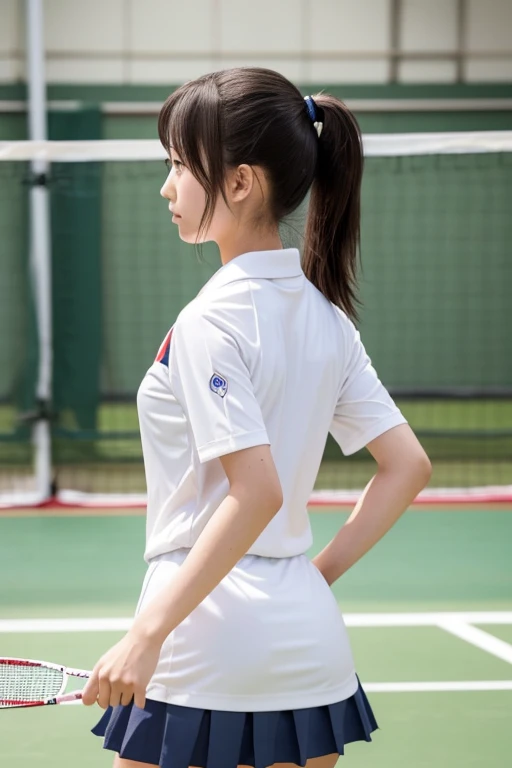 Japanese high school girl playing badminton　 ponytail　 white uniform　Im hitting smash