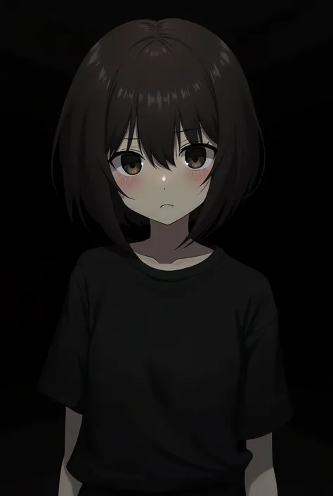 chica:  anime-style 90x with short dark brown wool hair  ,  long bangs  , pale skin, bruises under the eyes boots  . average height(158 cm ).  Close up on a black aesthetic background with a cold look .  around pants and t-shirts with 2 and 1 boobs. 0 cent...