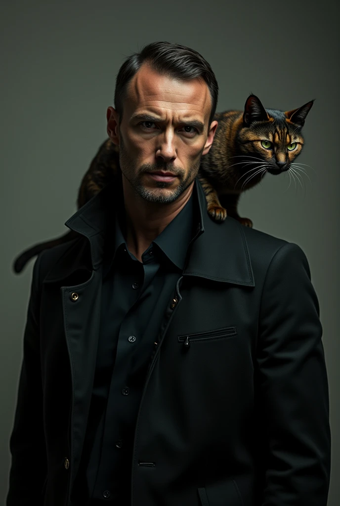 A man in a black jacket with a rakcat looks into the camera