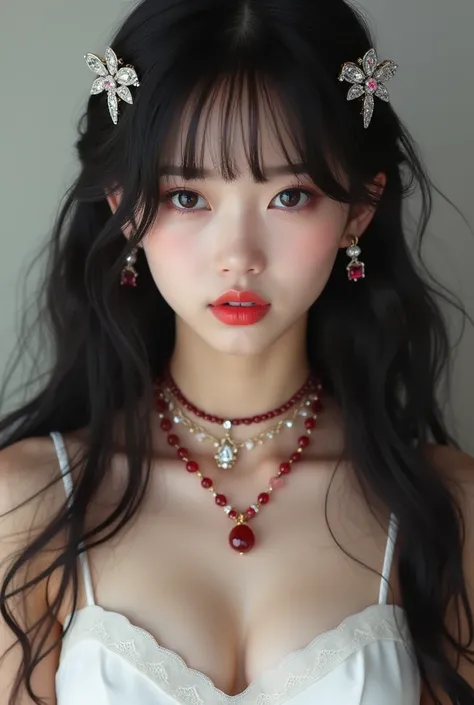 a 18 years old girl with korean-western looks. She have long wavy bangs black hair that looks good with her pale white skin. She have sharp dark blue eyes with red lips and red cheeks. Her eyebrows is beautiful and looks reddish brown. She wear white sexy ...