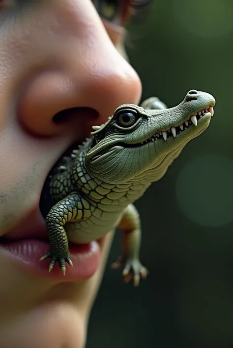 a mini crocodile comes out of a human nose HD picture quality
