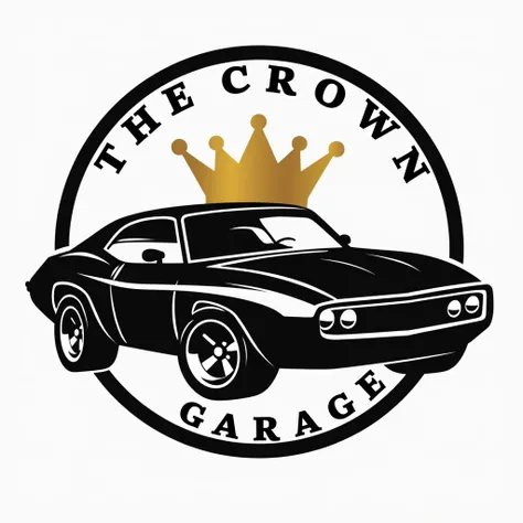 "Create a sleek and modern logo for The Crown Garage. The design should feature a minimalistic car silhouette with a regal gold crown placed on top of the car, symbolizing luxury and authority in the automotive industry. Use clean lines and a black and gol...