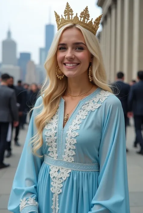 Rich teenage girl, beautiful girl. Model.  figure wearing expensive  light blue    salwar kammez and white beautiful patterns and wearing a gold crown. . She is standing with perfection and grinning . Behind her was new york city skyline and bugatti cars ....