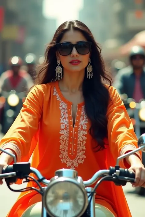 A confident woman riding a motorcycle in an outdoor urban setting, wearing a vibrant orange traditional kurta with white embroidery. She is accessorized with silver statement earrings and stylish black sunglasses. Her long, wavy hair cascades naturally ove...