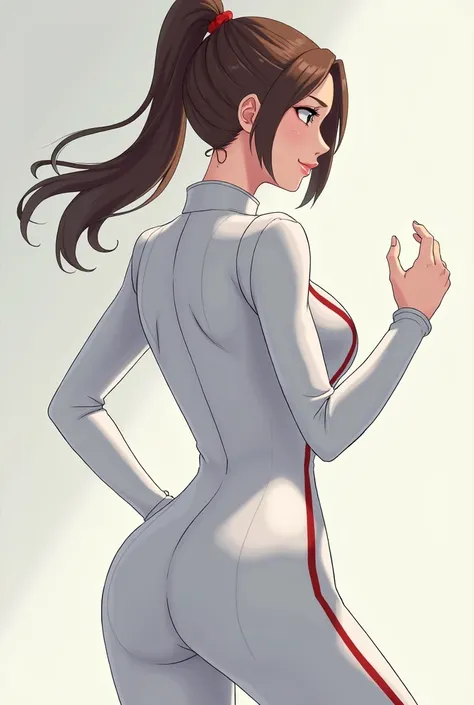 Mecha style 、 A woman wearing a suit that fits her body　 face looks like an idol 　 hair is flying with a ponytail 　Brown Hair　The color of the suit is white 　whole body　 Bigger chest high resolution,  from your hand and direct your gaze,  smiles,  big brea...