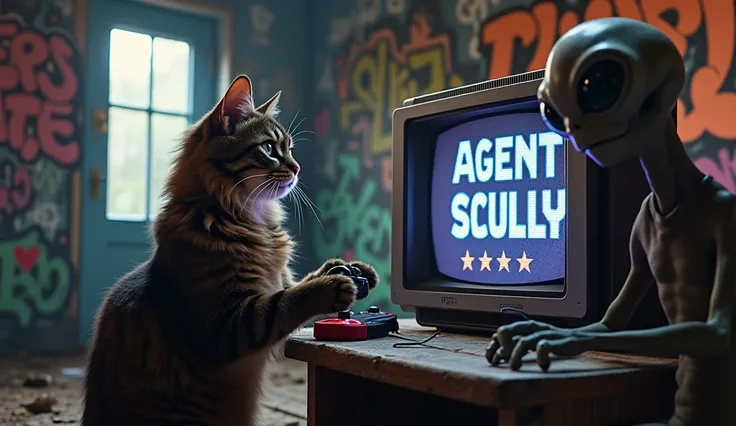 Long hair dark brown tabby Maine Coon cat playing video games with a tall gray alien with big eyes reflecting the tv screen,very detailed, both are holding retro game controllers wired to the console, cat holding game controllers with paws and the tall gra...