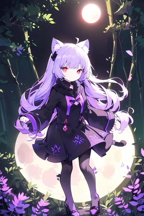 (((((((( In the forest at night))))))))，((((((Full Moon Night ))))))，(((((((Black cat ears)))))))，((((((( big red eyes)))))))，((((((black and purple clothes))))))，