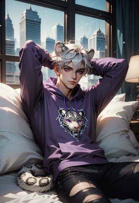 1man, short messy white hair, hair between eyes, purple eyes, lithe body, white leopard ears, white leopard tail, big purple hoodie, plain hoodie, black ripped pants, hands above head, neutral expression, tall city modern buildings, window, night time, pos...