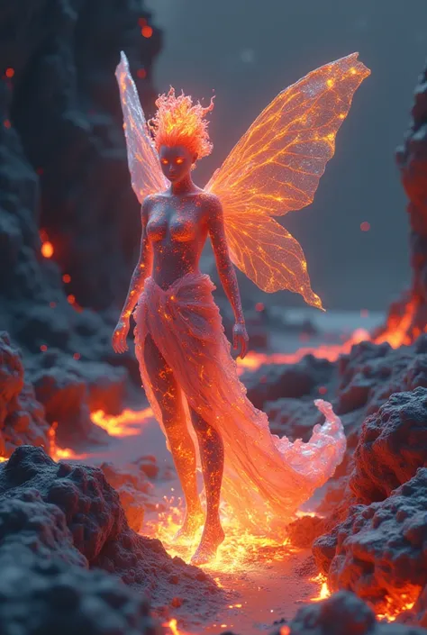 (best quality, 128k,highres,masterpiece:1.2),ultra-detailed,(realistic,photorealistic,photo-realistic:1.37), ((masterpiece)) ((photography)) ((Highest quality)) A captivating illustration of a fire fairy with a translucent body made of flickering flames an...