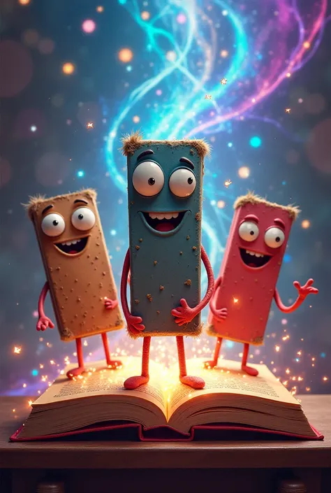 Books transforming into animated characters with big expressive eyes and quirky smiles, standing on a desk, surrounded by colorful magical energy."