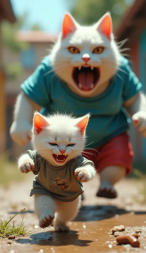 In cinematic 3D ,style HD, image realistic image ,colourful image.
Character, white baby cat wearing grey T-shirt is torn in several places and is extremely dirty. There is a lot of mud on his feet.  and brown shorts.
Character, very fatty Johnny big white...