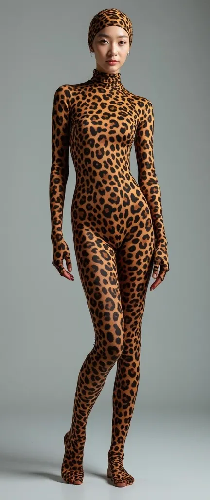 a beautiful asian Chinese woman girl wears leopard print lycra turtleneck zentai unitard catsuit with leopard print zentai socks and zentai gloves and always wearing leopard print lycra elastane stretchy inner dancewear hood-like swimming cap-like dancewea...