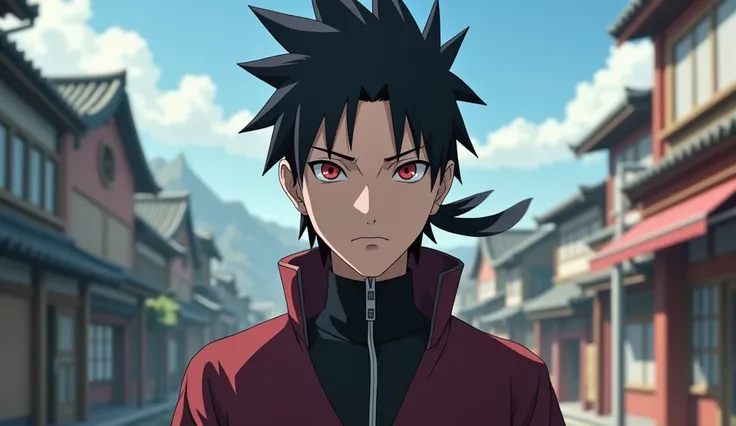 Naruto, red eyes,black hair,standing, background is village, in front 