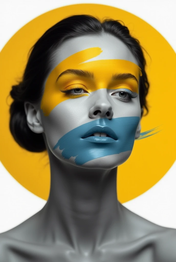 A black-and-white photograph of an elegant woman with mustard yellow and periwinkle paint brush strokes on her face. The background is a light mustard circle. The overall image has a minimalist style.