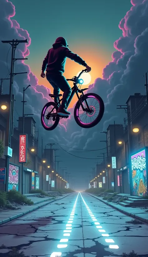 A vibrant and highly detailed digital art illustration capturing a biker in the middle of an energetic stunt on a road set in an urban post-apocalyptic environment. The biker is depicted in sleek and stylish urban clothing, wearing a black hoodie, a matchi...