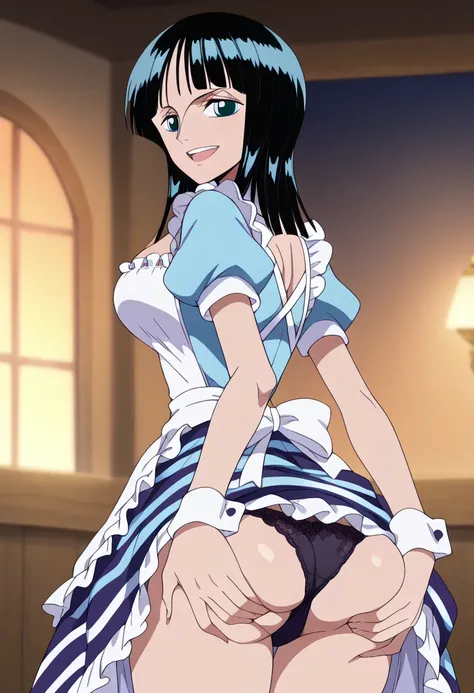 core_9, score_8_up, score_7_up, source_anime, 1girl, smile, orgasm,upper teeth only, skirt lift,back view,standing, ((looking at viewer)), ((own ass grab:1.5)),anime screencap, anime coloring, detailed black panties, detail butt,detail face,,indoors, bedro...