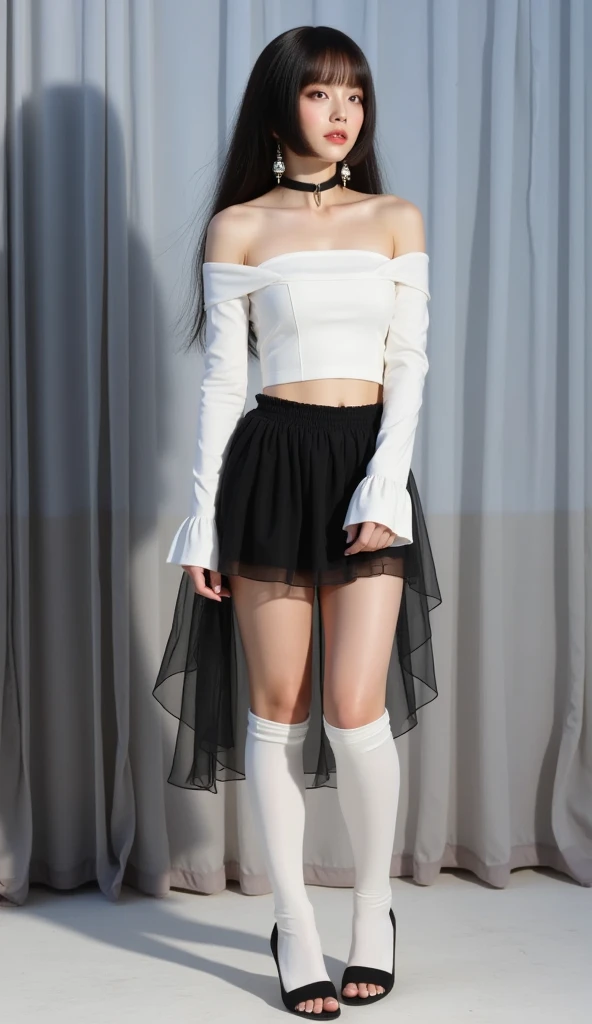 16K quality， ultra-realistic style ，Photograph a woman standing in a frontal position，over the knee white long socks， Full Body Photo ， a woman in a stylish off-the-shoulder white dress， Short black skirt ， Black Heels ，Himekiri hairstyle ，A woman wearing ...