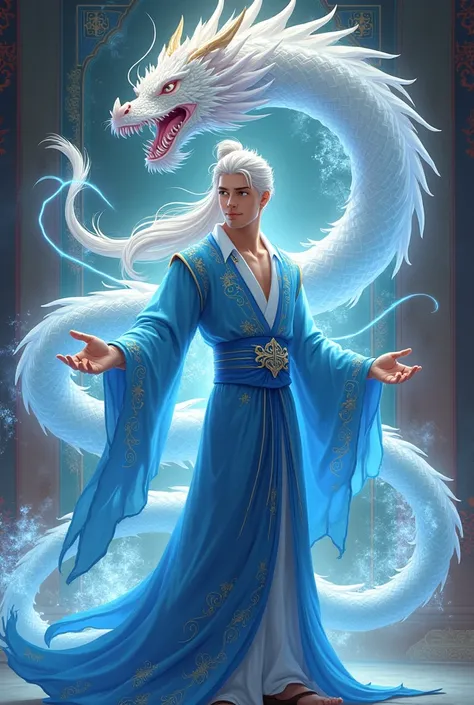 graphic digital technology, magician of a magical dragon, cartoon anime, white long hair gathered in a ponytail at the back of the head, magician, dragon, openwork energy around, luminous flows, beautiful lines of energy flows, clothes on the magician are ...