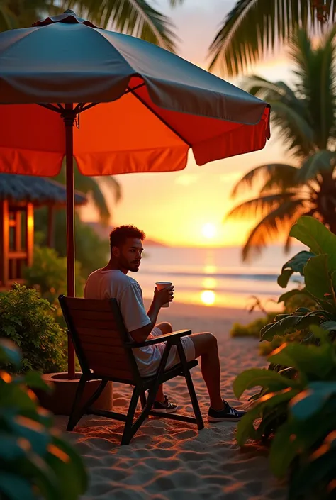 A highly realistic UHD sunset scene in a lush jungle, featuring a man with clear face posing to the camera with style   seated under a colorful beach umbrella, sipping coffee. The environment includes dense green foliage, tropical plants, and . The lightin...