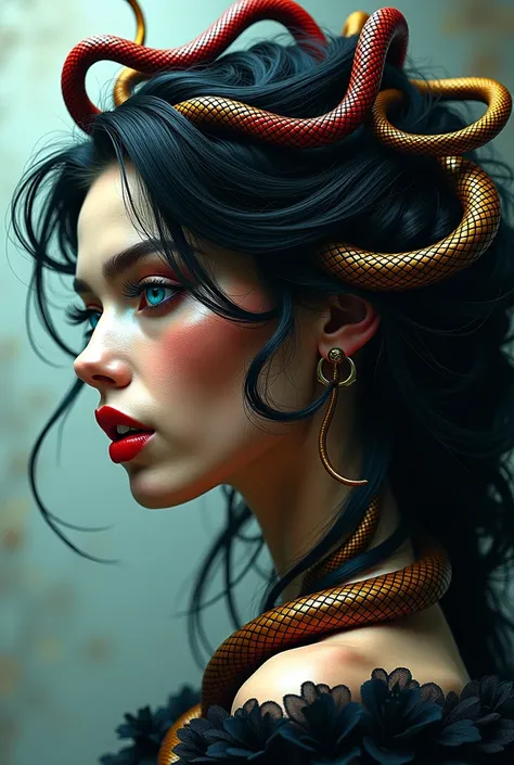 Change face Beautiful woman blue eyes, snake-like hair tangled all over her head, snake black hair, snake red hair, snake yellow hair, snake hair, side image, mouth opening, fangs protruded forward