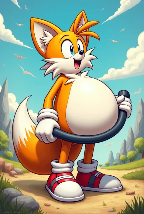 Taiks from Sonic with an air hose attached to his butt, and his belly is inflated to nearly bursting