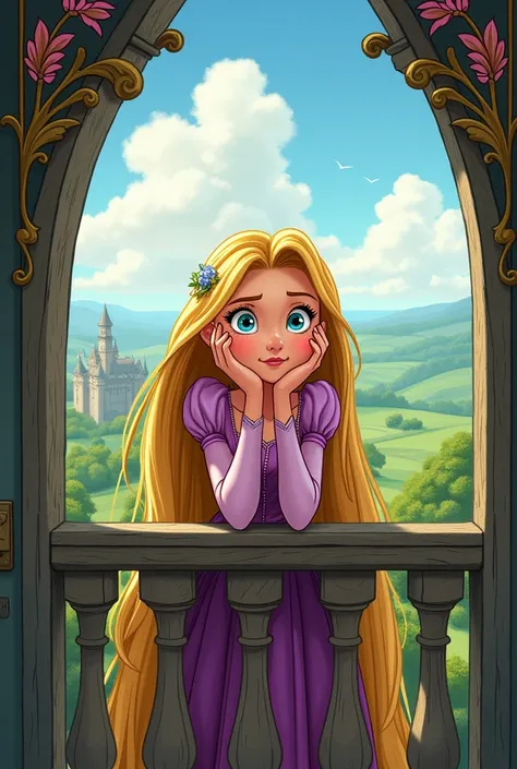 Rapunzel looking outside her balcony it should look cartoonistic and it should be the front view also her hands should be on cheeks while looking out 