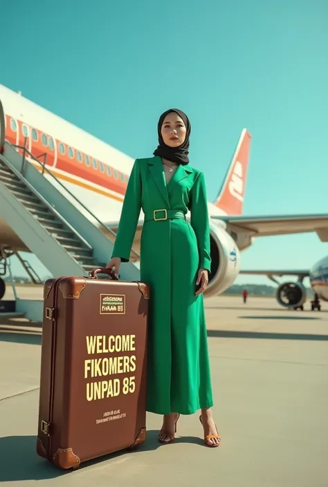 "A retro-inspired aviation scene with a confident beatiful woman indonesian standing on an airport tarmac in front of an airplane. The woman is dressed jilbab in a vibrant green vintage dress, with elegant makeup and a classic 1980s . She poses confidently...